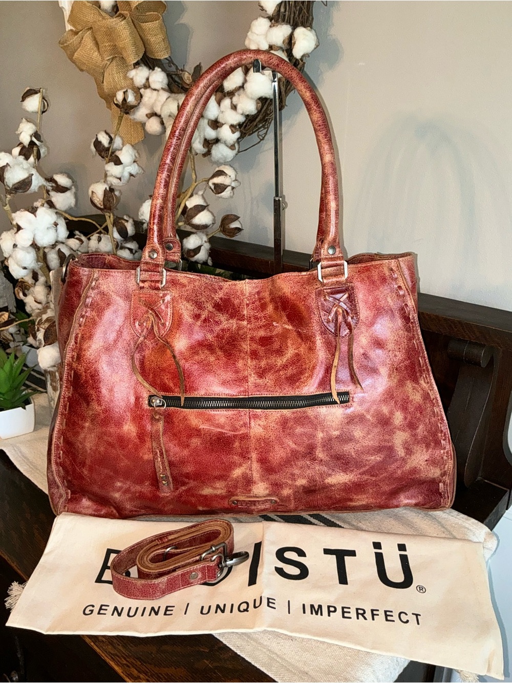 NWT Bed Stu Leather Rockaway Shoulder Crossbody Bag Tote Cherry Red Lacquer $345 - Picture 2 of 16